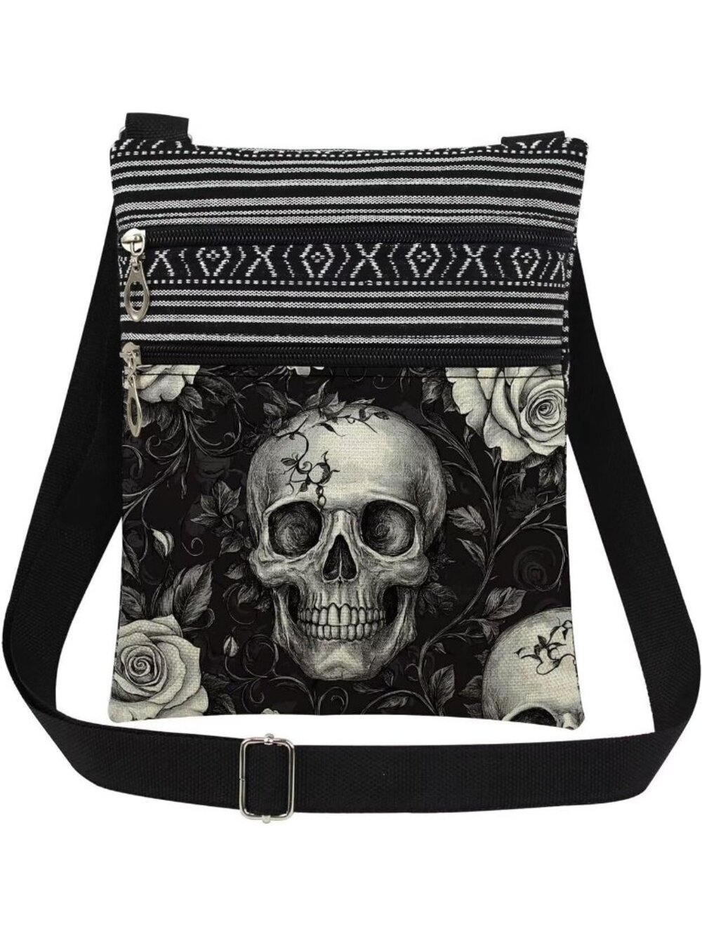 Women's Black Halloween Skull Pouch Adjustable Strap Zipper Crossbody Bag
